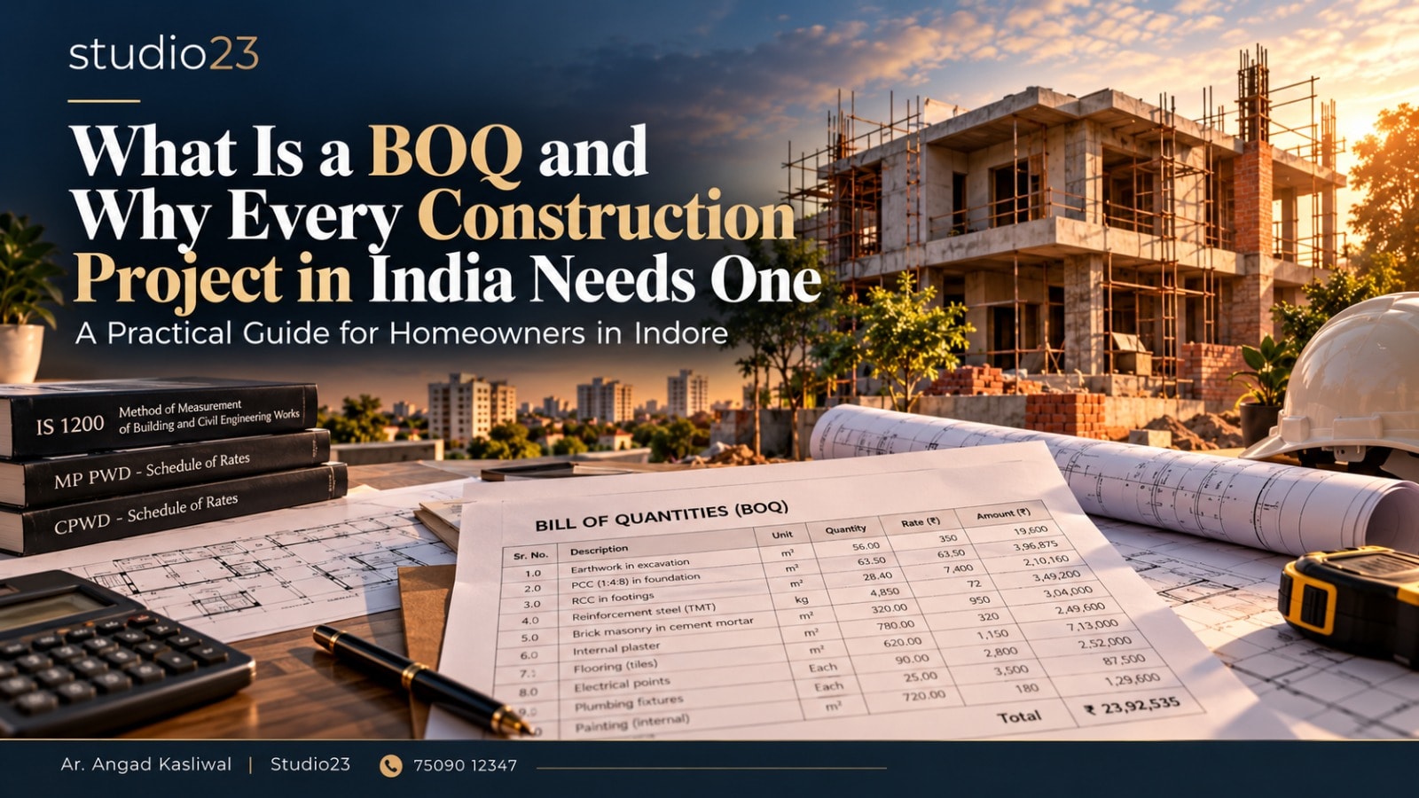 What is a BOQ and why every construction project in India needs one: Bill of Quantities guide for homeowners in Indore by Ar. Angad Kasliwal, Studio23 Architecture and Interior Design, Indore | Ujjain | Bhopal.