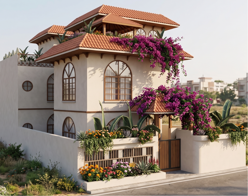 Mediterranean villa with bougainvillea render — Studio23, Indore