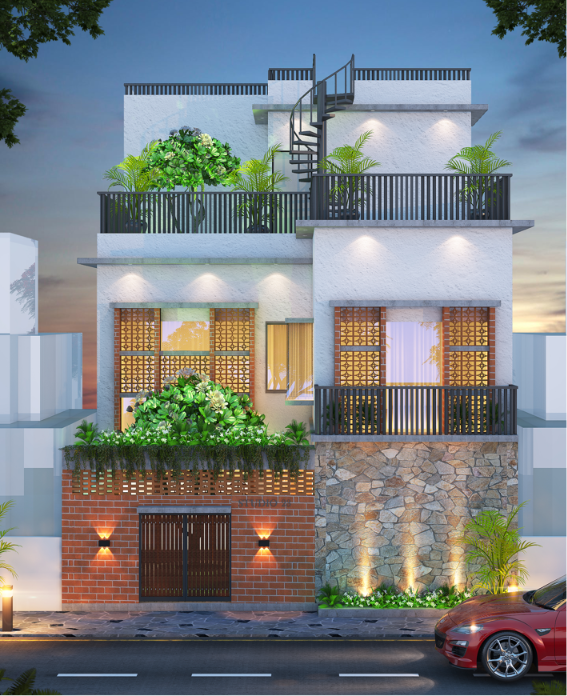 Brick and jali residence with rooftop garden at dusk — Studio23, Indore