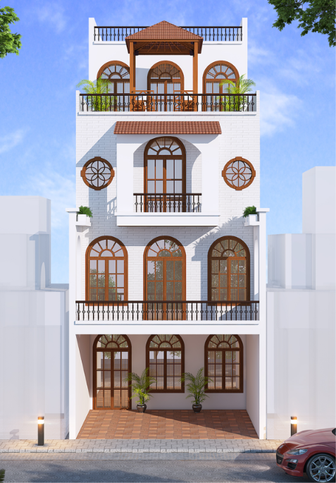 Colonial-style residence with arched timber windows — Studio23, Indore