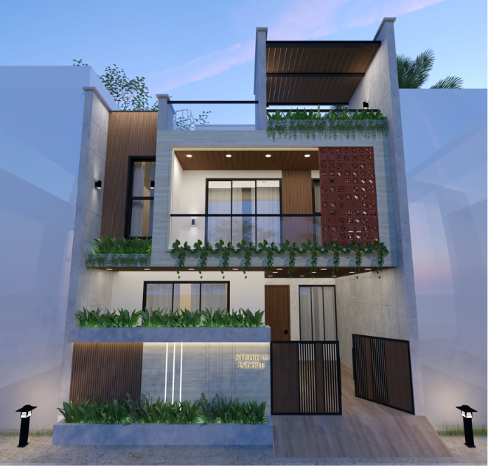 Compact modern residence with jali panel — Studio23, Indore