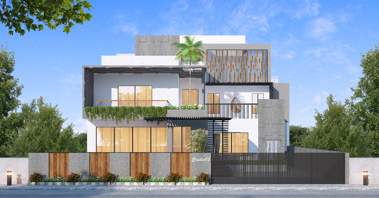 Contemporary timber screen residence render — Studio23, Indore