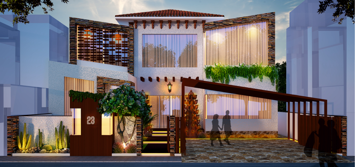 Casa 23 stone and timber residential villa render — Studio23, Indore