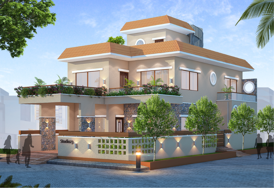 Terracotta roof residential villa render — Studio23, Indore
