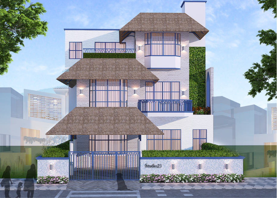 Thatched roof villa with blue accents render — Studio23, Indore